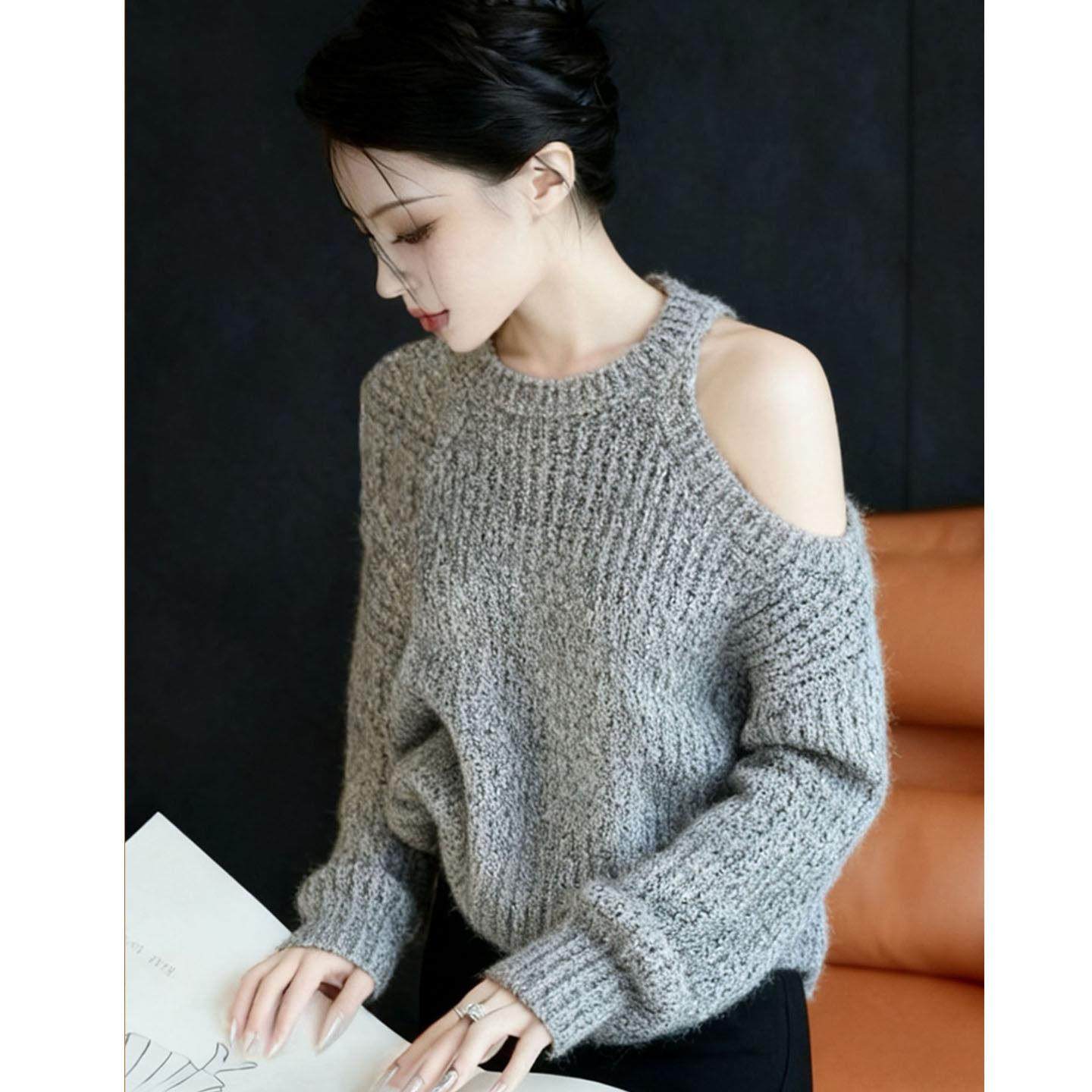 休闲慵懒风灰色圆领露肩长袖毛衣针织衫女秋冬款百搭减龄套头上衣,模玩/动漫/周边/娃圈三坑/桌游,Cosplay女装/cos女装,淘宝优惠券,粉丝福利购,淘宝优惠卷