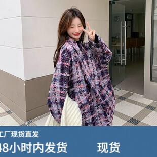 紫色格纹毛呢外套女冬季2025新款韩版甜美复古中长款保暖夹棉大衣
