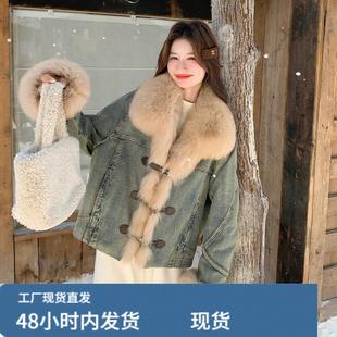 羊羔毛拼接牛仔派克羽绒服女冬超火好看高级小众加绒加厚工装外套