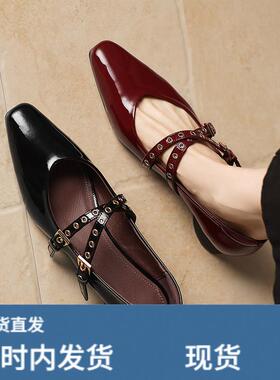 红色包鞋女新款法式尖头平底玛丽珍鞋真皮通勤气质大尺码女鞋41到