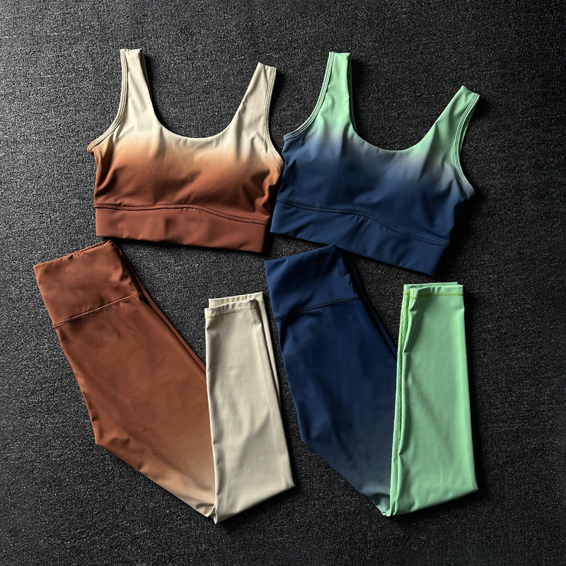 一体杯跑步防震运动文胸高腰收腹提臀瑜伽裤速干渐变女健身套装