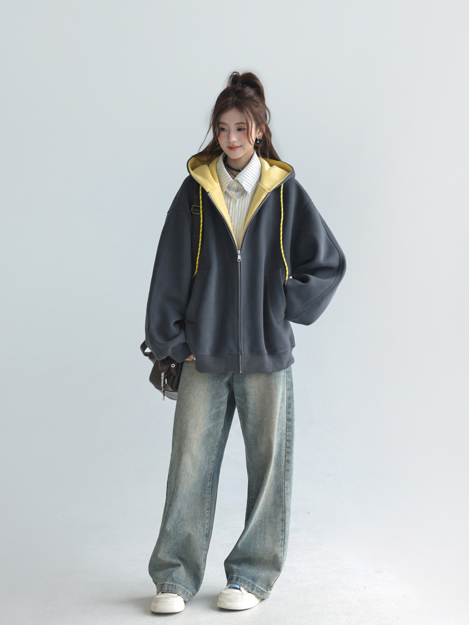 Gray Hooded Sweatshirt Women's Spring and Autumn American Lazy Chic Easiest for Match Jacket Zipper Cardigan