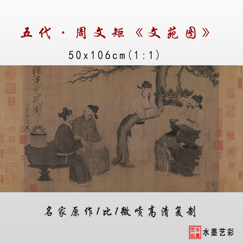 五代十国周文矩文苑图仿古人物高士微喷临摹画稿范本复制画心