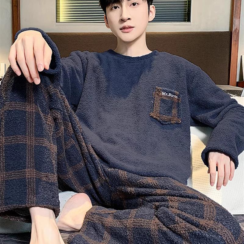 维多利亚半边绒睡衣男士冬季珊瑚绒加厚加绒秋冬款男款家居服厂家