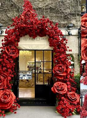 红玫瑰花拱门网红店情人节装饰西