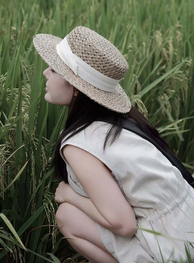 老钱风】法式草编平顶草帽女夏季海边度假防晒遮阳帽镂空透气礼帽