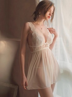 欧美大码性感睡衣白色超薄镂空睡裙女很仙的连衣裙私房甜美纯欲