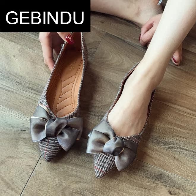 GEBINDU轻奢欧美范女鞋平底尖头大码单鞋甜美蝴蝶结千鸟格拼色舒