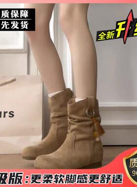 秋冬高档女短靴圆头内增高勃肯2025褶皱软底堆堆靴短筒西部1226k