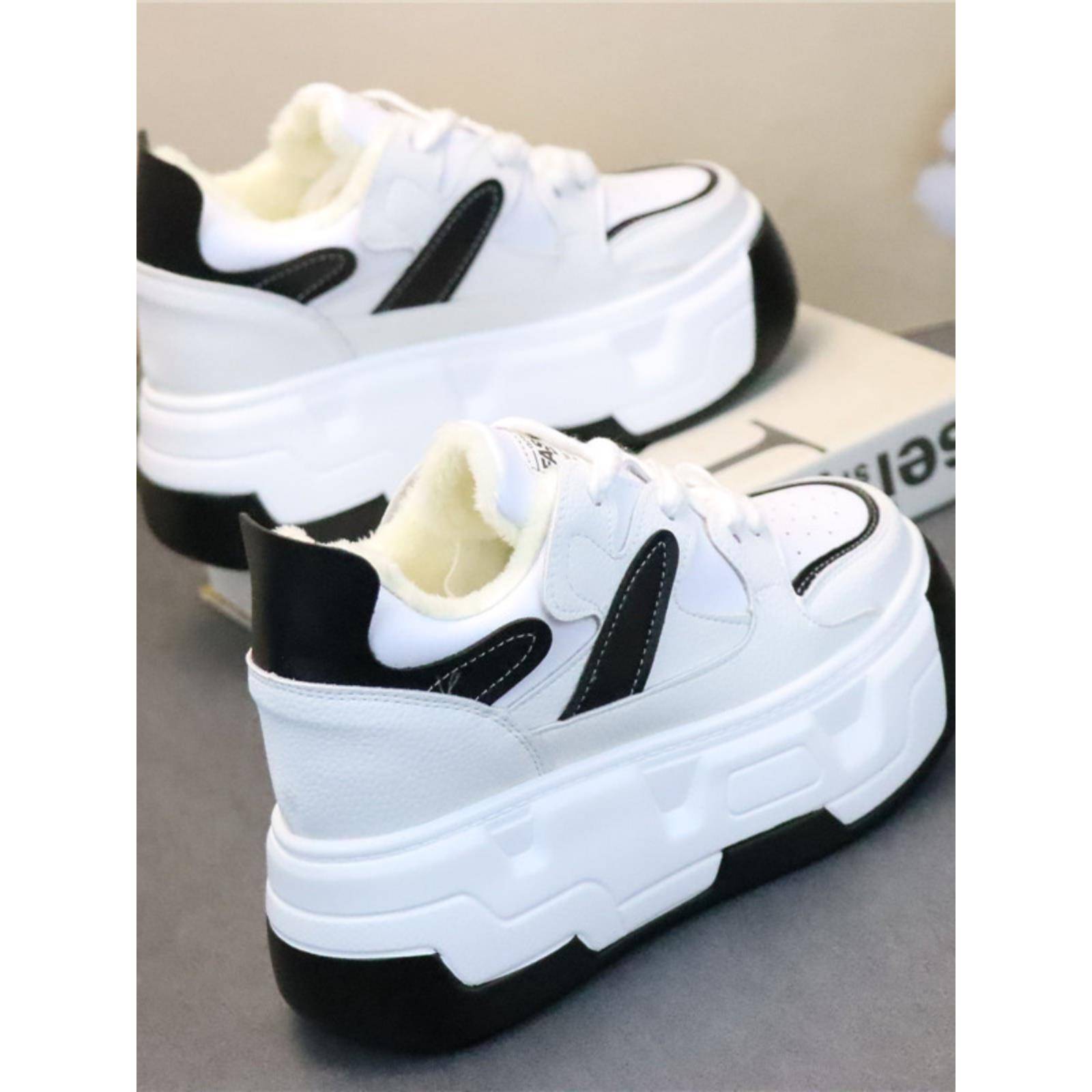 冬新款加绒保暖高跟10cm系带小白鞋时尚拼色大码休闲女鞋潮1116w