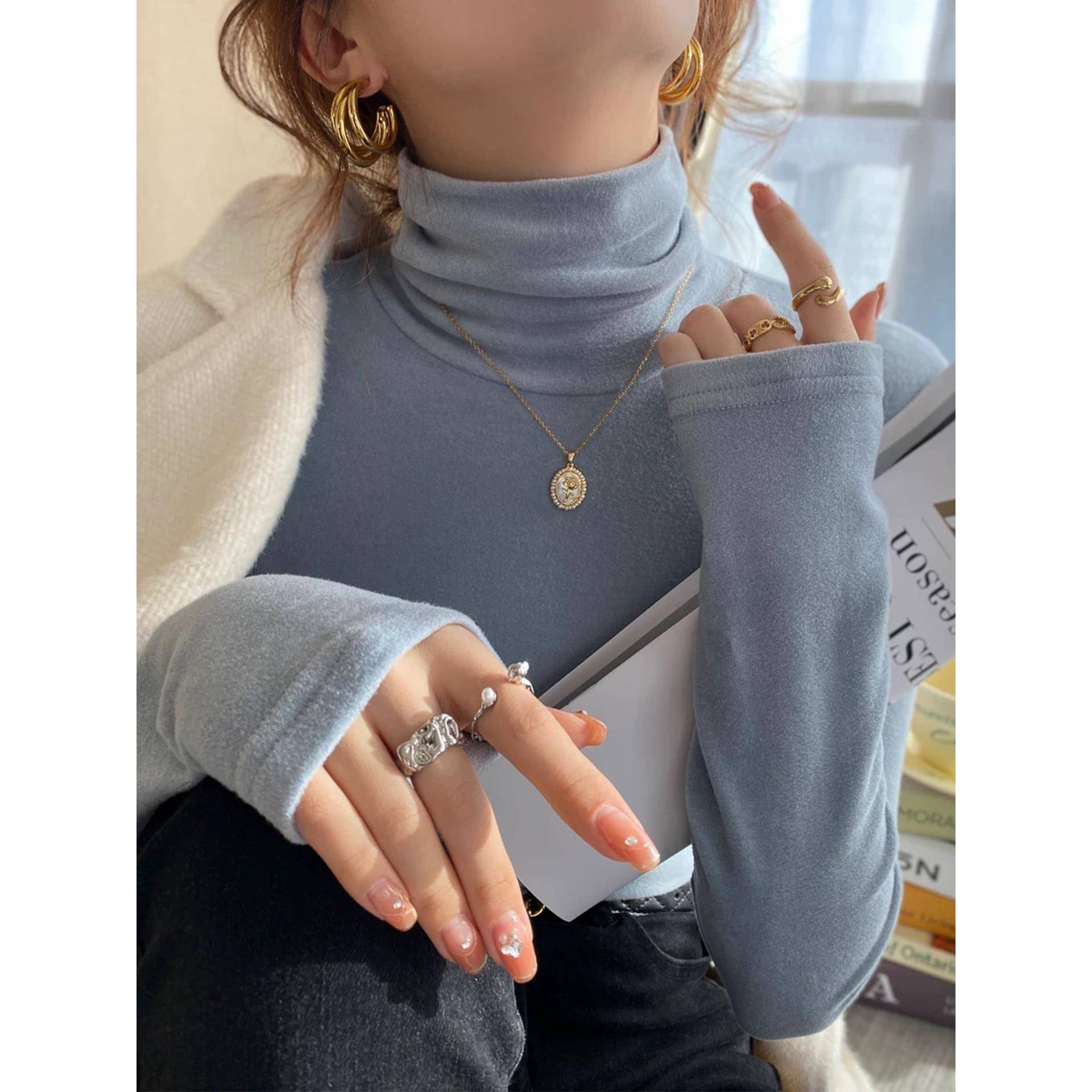 蓝色堆堆领打底衫女内搭2025新款冬半高领修身小上衣1119w