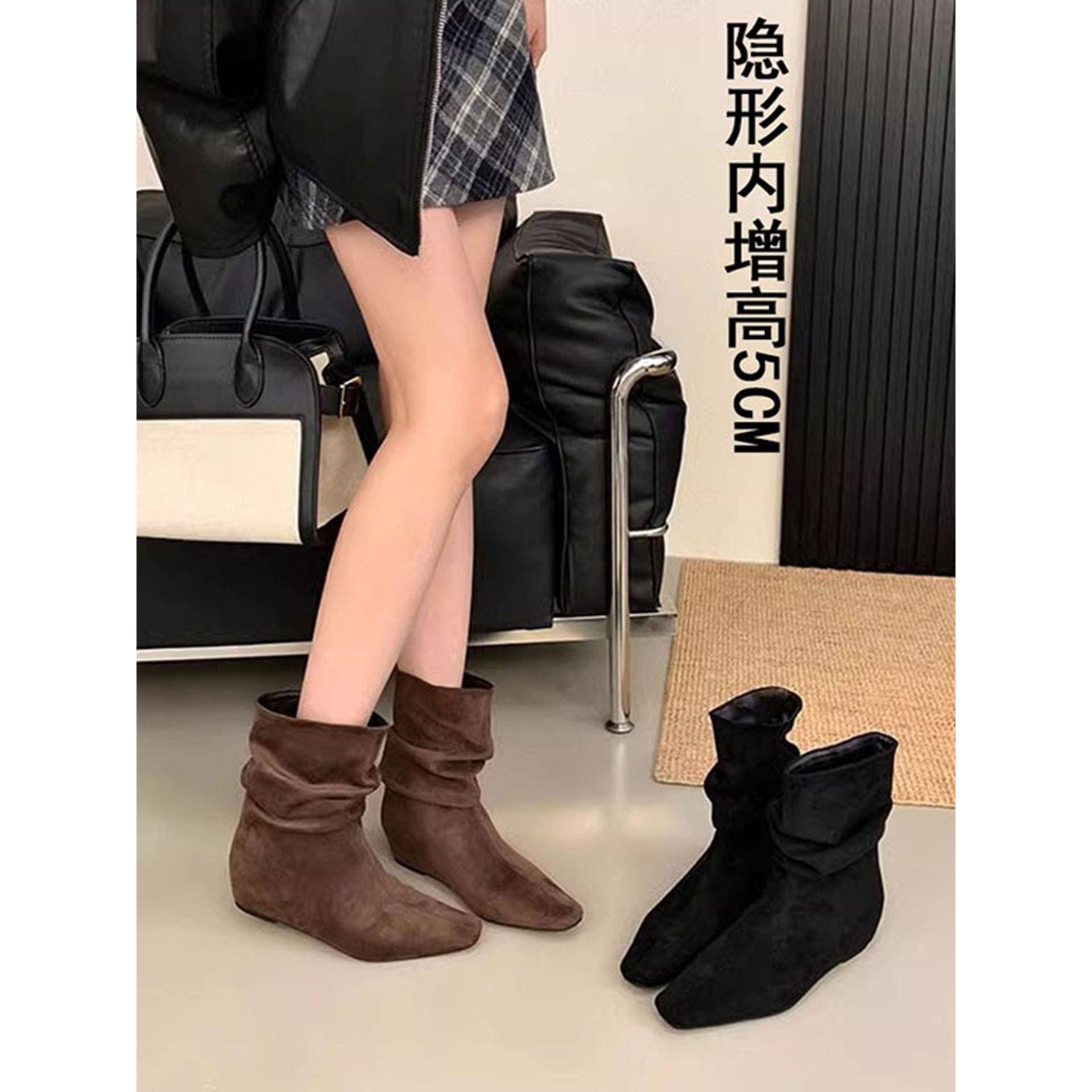 秋冬高档女短靴韩式尖头打褶靴新款多用途增高靴修身时尚1123u
