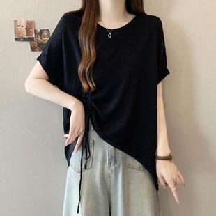 0623z 大码 微胖mm夏季 简约抽绳针织短袖 t恤女设计感上衣宽松打底衫