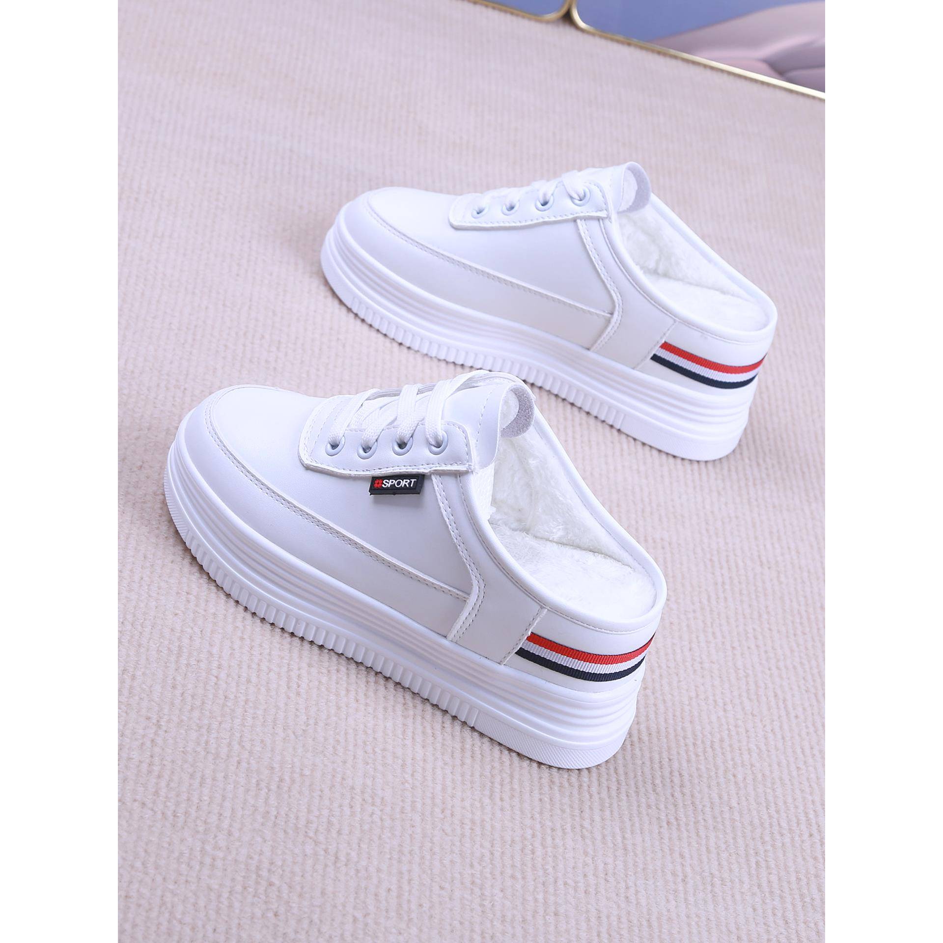 松糕厚底半拖女鞋2025冬新款加绒保暖轻便女鞋内增高小白鞋1103w