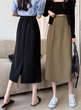 春季大码胖高腰半身裙a字显瘦遮胯微胖感开叉黑色裙子潮0115k