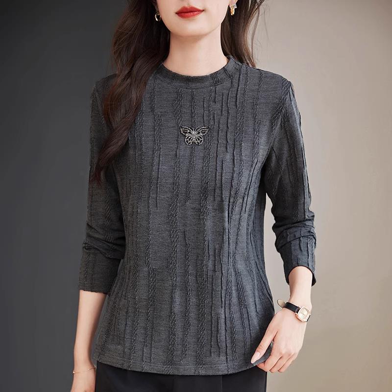 早秋秋提花打底衫女季新款时尚洋气妈妈长袖t恤大码内搭条纹0817z