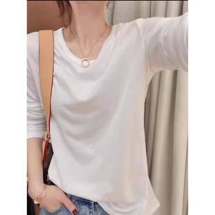 白色正肩长袖T恤春装女款2026年新款大码宽松百搭纯色内搭打0103r