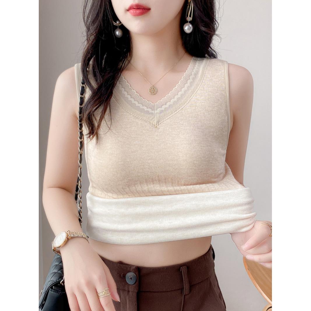 秋冬保暖上衣女加绒加厚吊带背心女蕾丝带胸垫内搭修身上衣1204z