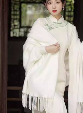 秋冬洋气百搭女士围巾披肩旗袍白色流苏斗篷针织开衫毛衣高1010c