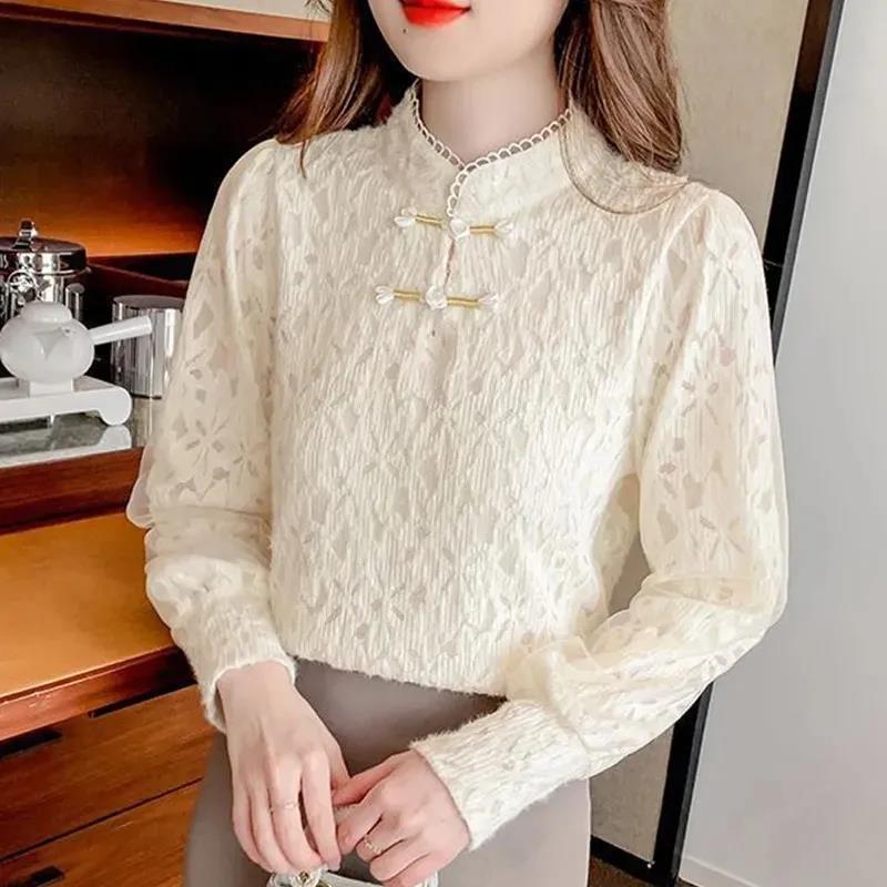 秋冬打底内搭冬季新款加厚花边钉珠盘扣加绒蕾丝衫女洋1007k