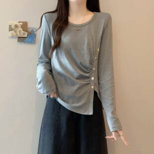 春夏韩版 胖妹妹别致洋派显瘦0325z 不规则褶皱收腰开叉T恤女大尺码