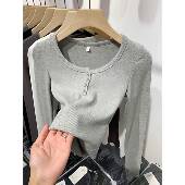 半开领纽扣打底衫 T恤女大码 修身 春款 显瘦外穿内搭长袖 上衣0201z