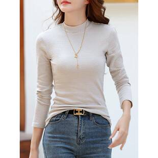 春夏条纹高领打底衫女内搭纯长袖t恤中领洋气小立领0301e
