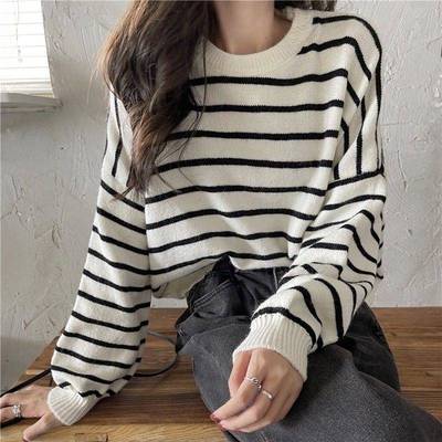 秋冬黑白条纹针织衫女覆古慵懒风短款宽松毛衣打底衫内搭外1220z