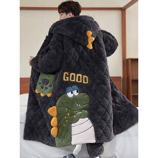 睡衣男款冬季加绒加厚珊瑚绒睡袍三层夹袄连帽浴袍家居服套1111w