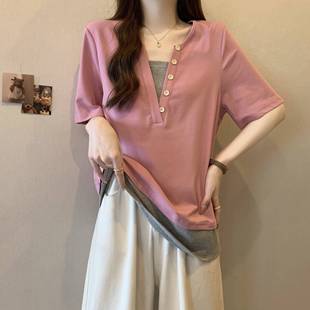 粉色洋气假两件短袖 微胖mm显瘦遮肚V领正肩半0622z T恤女夏季 大码