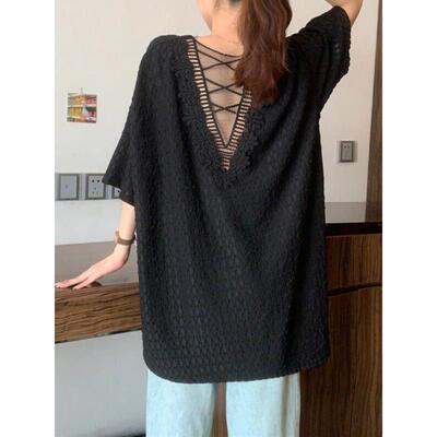 春夏季黑色小心机露背短袖T恤女2026大码微胖mm中长款0305z