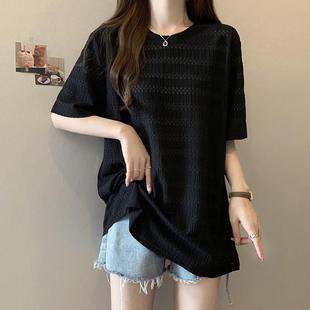 女夏装 大码 t恤打底衫 法式 微胖mm显瘦遮肚减龄透气0730z 肌理感短袖