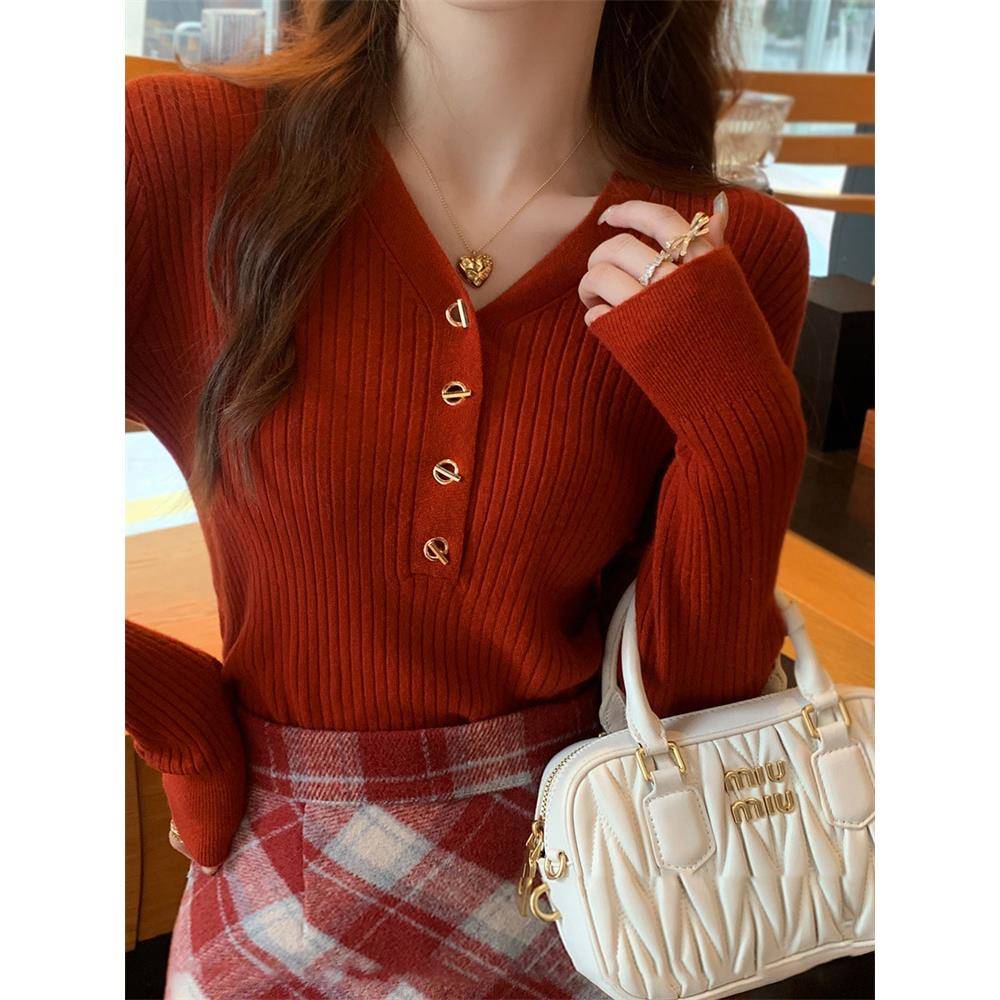 秋冬配的内搭V领长袖针织打底衫女2025新款酒红色毛衣1122z