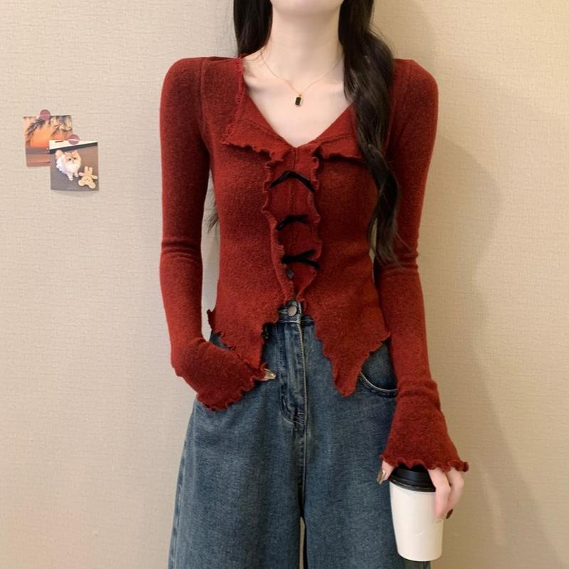 冬季v领红色短款长袖上衣女内搭红茶风绝美巨好看穿搭小毛衣1019c