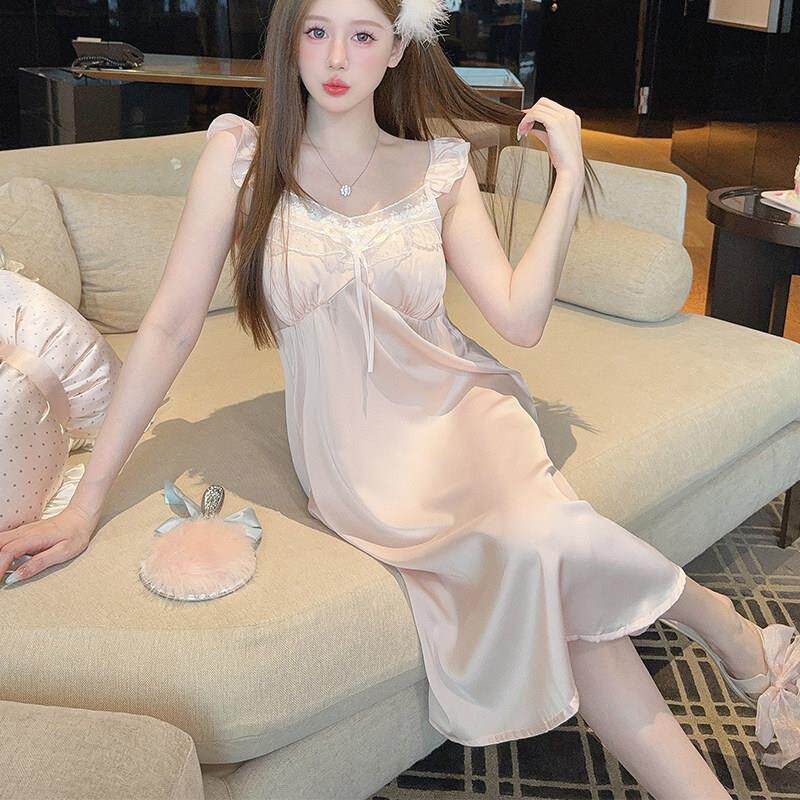 睡衣女冰丝夏季甜美新款蕾丝吊带睡裙加胸垫中长版裙子0719d图片