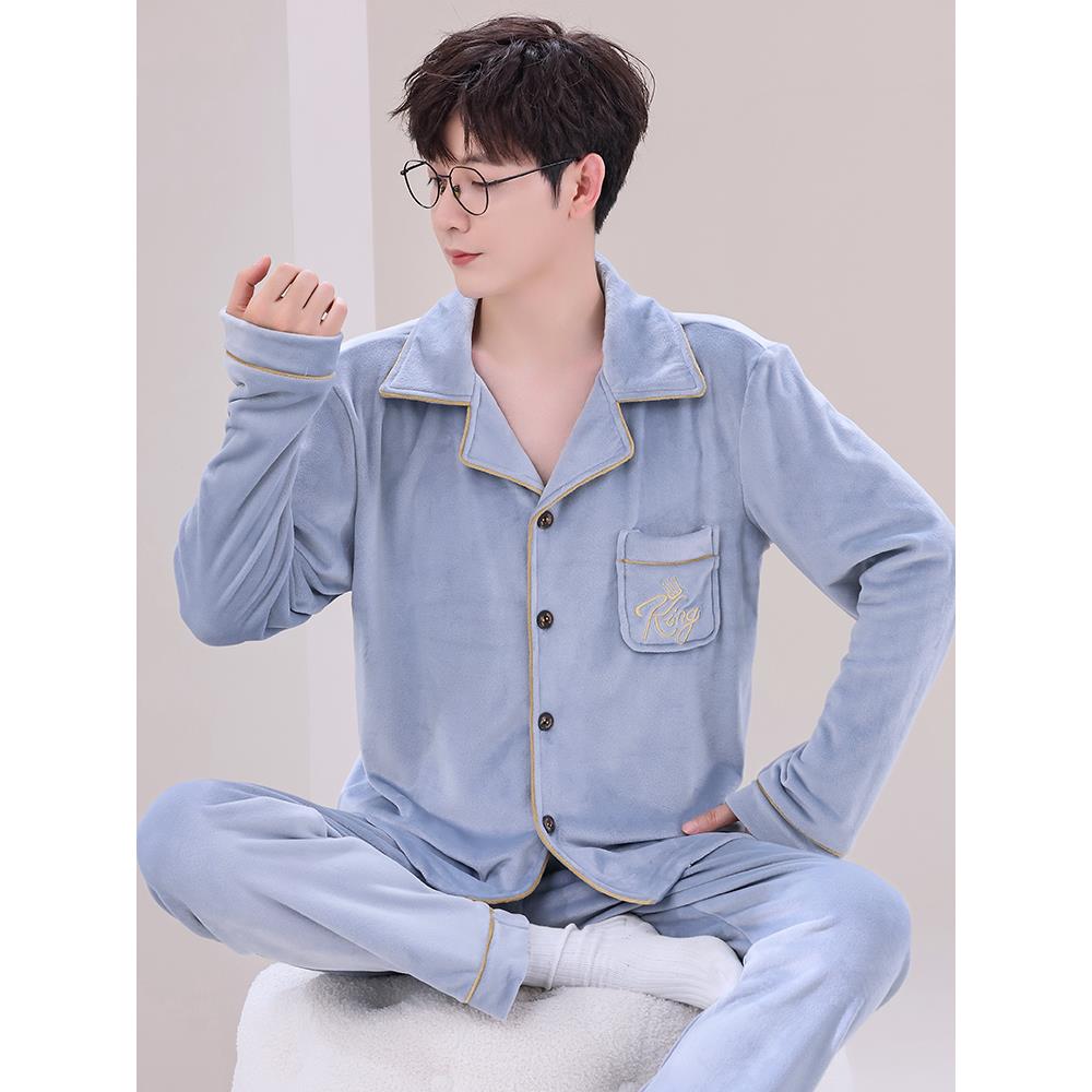 加厚保暖长袖珊瑚绒男款家居服睡衣男冬款大码两件套1111w