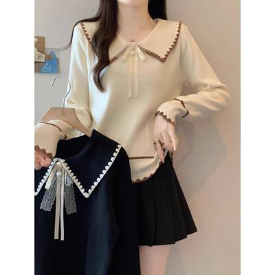 秋冬大码装娃娃领针织上衣显瘦遮肚系带打底毛衣柔软内搭1027k