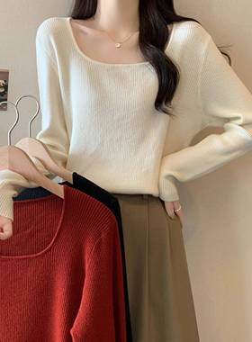 大码胖mm2026春季新款方领坑条内搭针织打底衫显瘦遮肉长袖0110w