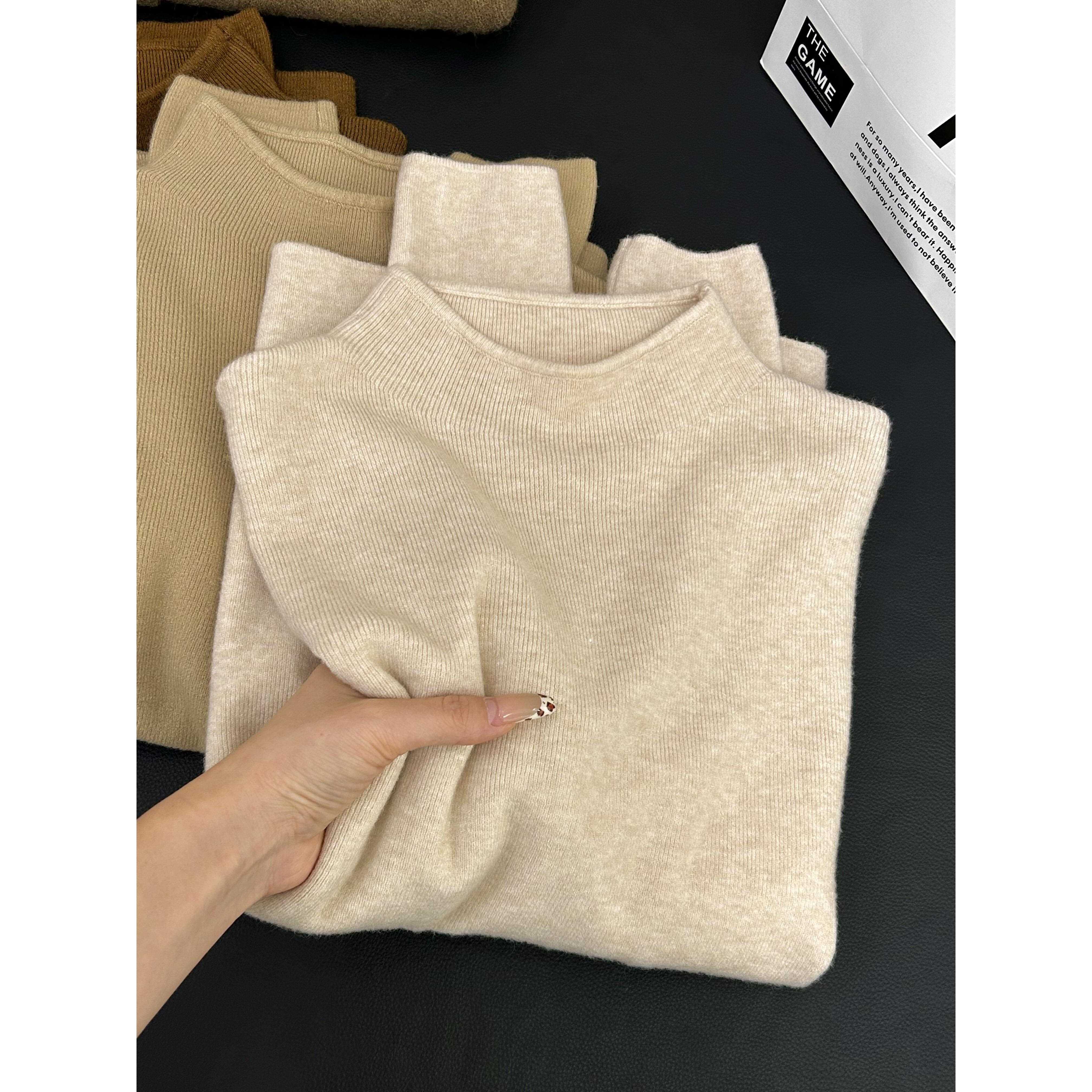 针织衫感灰色半高领长袖打底女加绒冬季毛衣简约上衣1205w