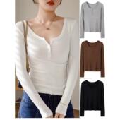 半开领纽扣长袖 打底衫 T恤女大码 春款 修身 显瘦内搭百搭外穿上0201z