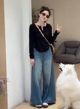 大码胖mm2026新款排扣V领长袖T恤女感显瘦百搭打底衫0110w