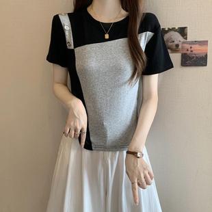 大码 T恤女洋气设计感别致0623z 微胖MM夏季 遮肚子撞色拼接正肩短袖