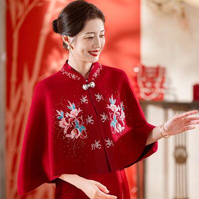 秋冬时髦披肩婚礼妈妈旗袍外搭喜婆婆红色披风结婚礼服斗篷0930r