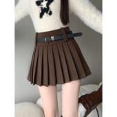 美拉德咖色毛呢百褶半身裙女春秋遮肉显瘦a字裙小个子防走光0130r