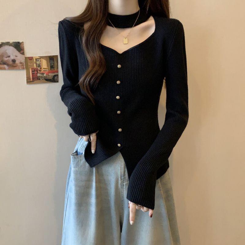 秋冬显瘦洋气针织衫女装毛衣上衣大码感别致挂脖镂空女胖mm0928c