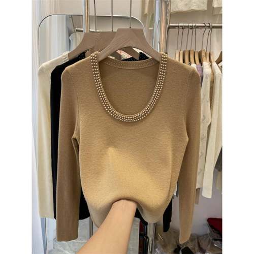 新款洋气秋冬大码女装胖妹妹领打底针织衫女感钉珠毛衣宽松1218h