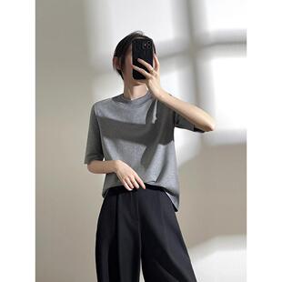 春夏灰色小立领中袖t恤女装新款显瘦高领短袖打底衫五分袖0228e