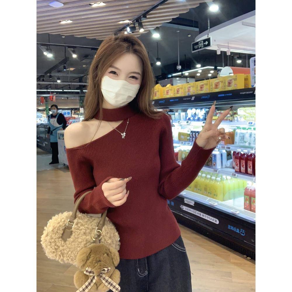 秋冬韩版气质挂脖露肩针织衫女打底斜肩小修身长袖内搭上衣1208z