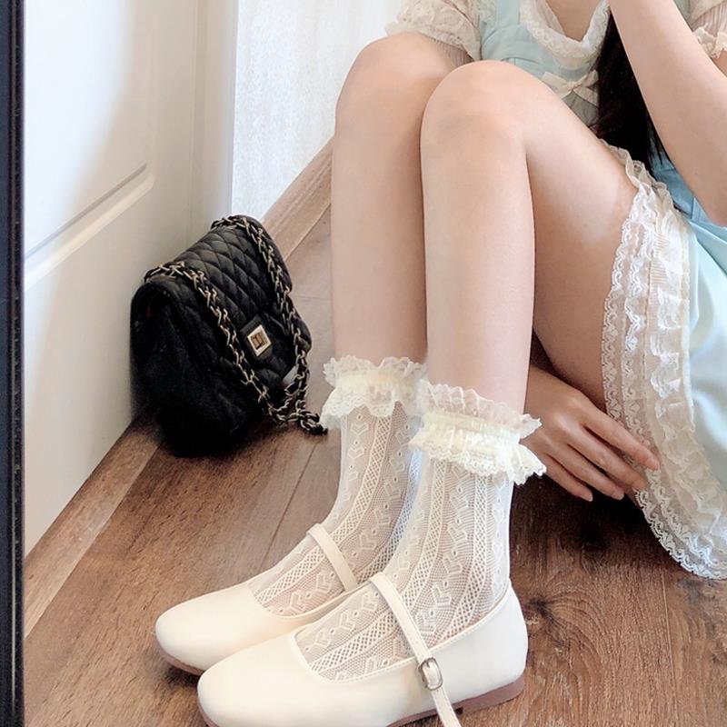 秋冬甜美奶白色小腿袜女薄款蕾丝花边袜子lolita白色中筒袜1013z