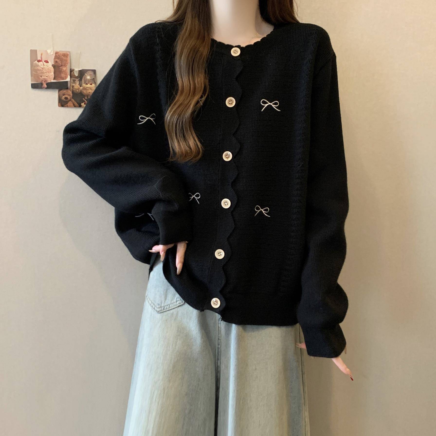 秋冬显瘦洋气针织衫女装毛衣上衣慵懒风正肩蝴蝶结微胖MM大0928c